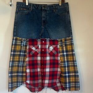 Upcycled denim and flannel shirt skirt